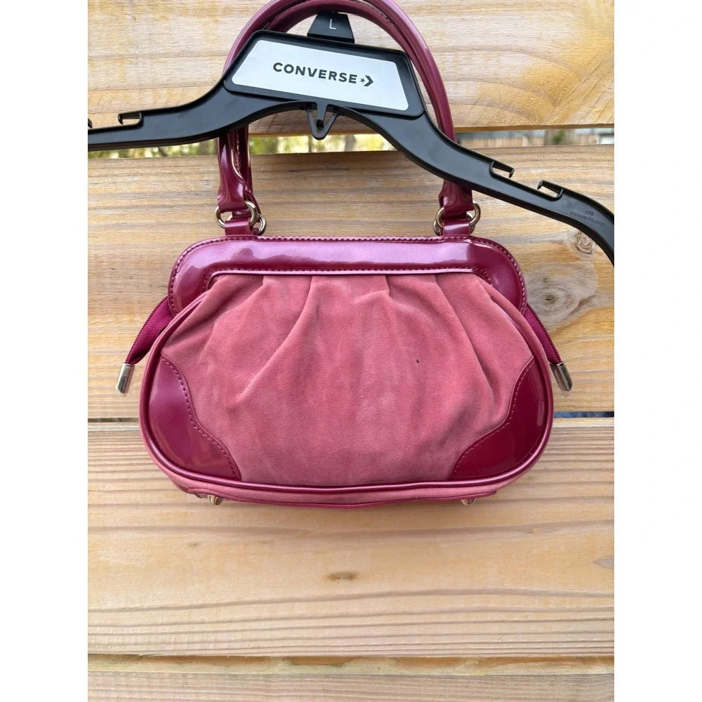 Y2K Beijo Couture Satchel Handbag Mauve Patent Trim Ruched Faux Suede Frame 11in